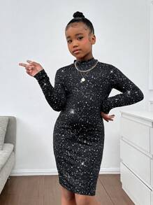 SHEIN Leap Crew SLAYR KIDS Tween Girls Casual Fashion Glitter Silver Heat Transfer High Neck Fitted Long Sleeve Dress, Black, For Christmas - Black - View 3
