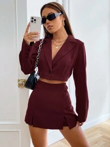 SHEIN EZwear Women Solid Color Front Button Long Sleeve Top And Mini Skirt Suit Set In Fall/Winter - Burgundy - View 5