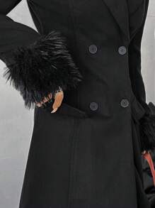 Flirla 1pc Women's Full Length Slim Fit Coat With Fluffy Cuffs, Black - Black - View 3