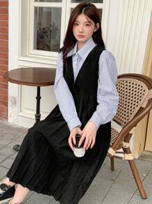 DAZY 女士纯色背心式褶皱中长连衣裙，学院风，秋冬 - 黑色 - 查看 4