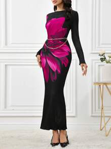 Modelyn Women Elegant Floral Print Fitted Dress, Autumn Long Evening Dresses - Black - View 4