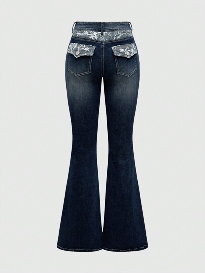 Y2K Style Sweet & Sexy Pocket Contrast Lace Women's Skinny Flared Jeans