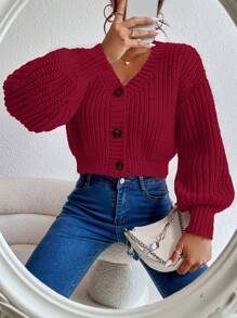 Celisse 纯色 V 领纽扣休闲针织长袖开衫 - 酒紅色 - 查看 6