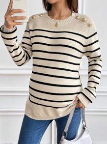 SHEIN 孕妇条纹圆领纽扣装饰长袖休闲针织毛衣，秋冬
