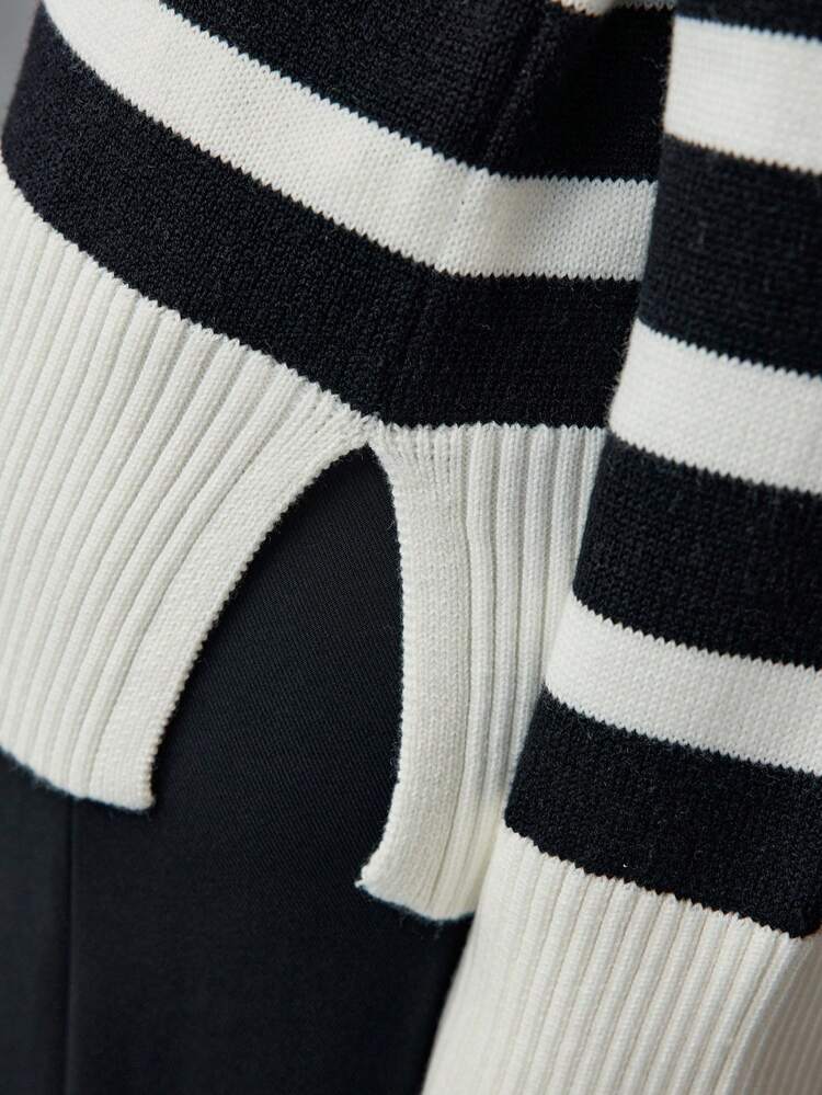 STRIPED PATTERN TURTLENECK SPLIT HEM SWEATER WITHOUT BELT