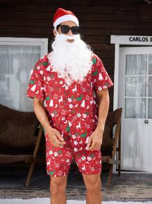 Manfinity VDAYZ Men's Christmas Tree Print Short Sleeve Shirt And Shorts Beach Suit Set