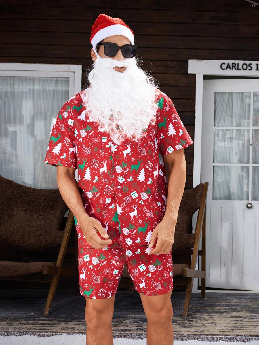 Manfinity VDAYZ Men's Christmas Tree Print Short Sleeve Shirt And Shorts Beach Suit Set