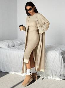 SHEIN EZwear 卡其色针织纯色长开衫和紧身无袖连衣裙套装 - 卡其色 - 查看 6