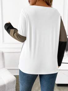 EMERY ROSE Plus Size Casual Kontrastowy Kolor Guzik Ozdobny Luźny Długi Rękaw T-shirt, Jesienne Koszulki Graficzne Damskie Topy Na Wiosenny Strój
