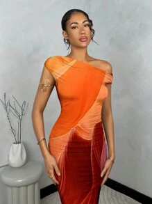 SHEIN BAE Women's Summer Asymmetrical Ruffled Bodycon Printed Dress / Beach Vacation Dress / Maxi Dress / Summer Women's Wear / Beach Wear / Nightclub Dress / Petite Figure Dress / Graduation Dress / Women's Dress / Summer Women's Wear / Carnival / Elegant Women's Wear / Vacation Dress - Orange - View 4