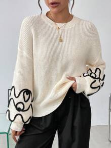 SHEIN Clasi Women Casual Daily Loose Fit Lantern Sleeve Embroidered Knit Sweater, Autumn/Winter - Beige - View 7