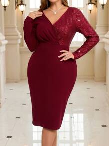 SHEIN Clasi Elegantes Paillettenkleid in Große Größen, figurbetonter Schnitt, für Herbst/Winter, Weihnachtsfeier Kleid - Bordeaux - Übersicht 7