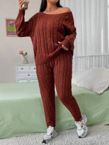 Flirla Elegante y chic conjunto de suéter tejido de unicolor talla grande, otoño/invierno