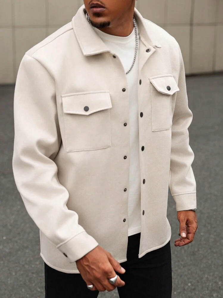 Manfinity Homme Plus Size Men Long Sleeve Shacket, Light Color Cargo Casual Going Out Shacket, For Friends, Husband, Boyfriend Gifts, For Fall - Apricot - View 1