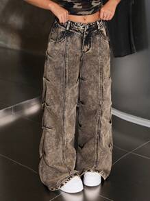 SHEIN 千禧年少女时尚复古水洗低腰褶皱阔腿牛仔裤，秋冬街头风 - 黑色 - 查看 3