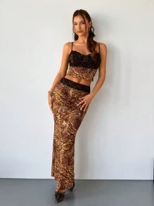 SHEIN SXY Bộ đồ ren họa tiết da báo hai mảnh dành cho nữ - Nhiều màu - Xem 3