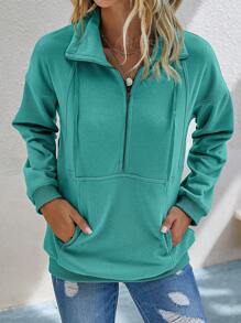 SHEIN LUNE 1 件女式纯色前拉链口袋设计休闲运动衫，长袖上衣