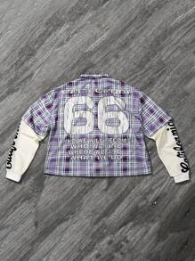 Manfinity Roghcode 男士休闲格子面料笑脸字母星星印花图案彩色时尚长袖衬衫，数码印花，二合一，适合送给男朋友的礼物，外出，适合秋季 - 彩色 - 查看 3