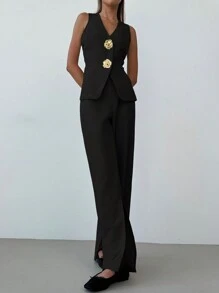 Aloruh 2 件套女士办公室正式西装套装，包括休闲通勤背心和裤子，秋冬新品 - 黑色 - 查看 3