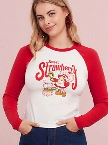 Strawberry Shortcake X SHEIN 女士撞色印花圆领插肩长袖 T 恤 - 白色 - 查看 4