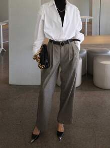 DAZY Women's Casual Herringbone Pocket Straight-Leg Suit Pants Buisness Attire - Grey - View 4