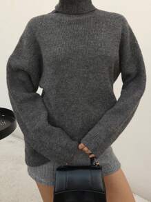 DAZY Women's Solid Color Loose Fit Turtleneck Long Sleeve Knit Sweater,Fall Women Clothes - Dark Grey - View 1