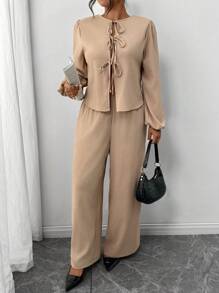 SHEIN Frenchy 2pcs Khaki Color Outfit Set, Shirt + Pants, Reversible Front & Back Wear Shirt, Autumn - Apricot - View 7