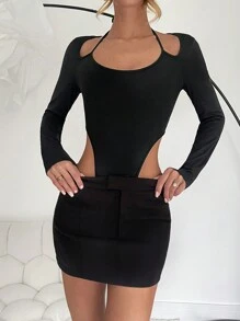 Chiquease Square Neck Solid Color Tight-Fitting Knitted Bodysuit, Sexy Hollow-Out Design For Women, Autumn/Winter