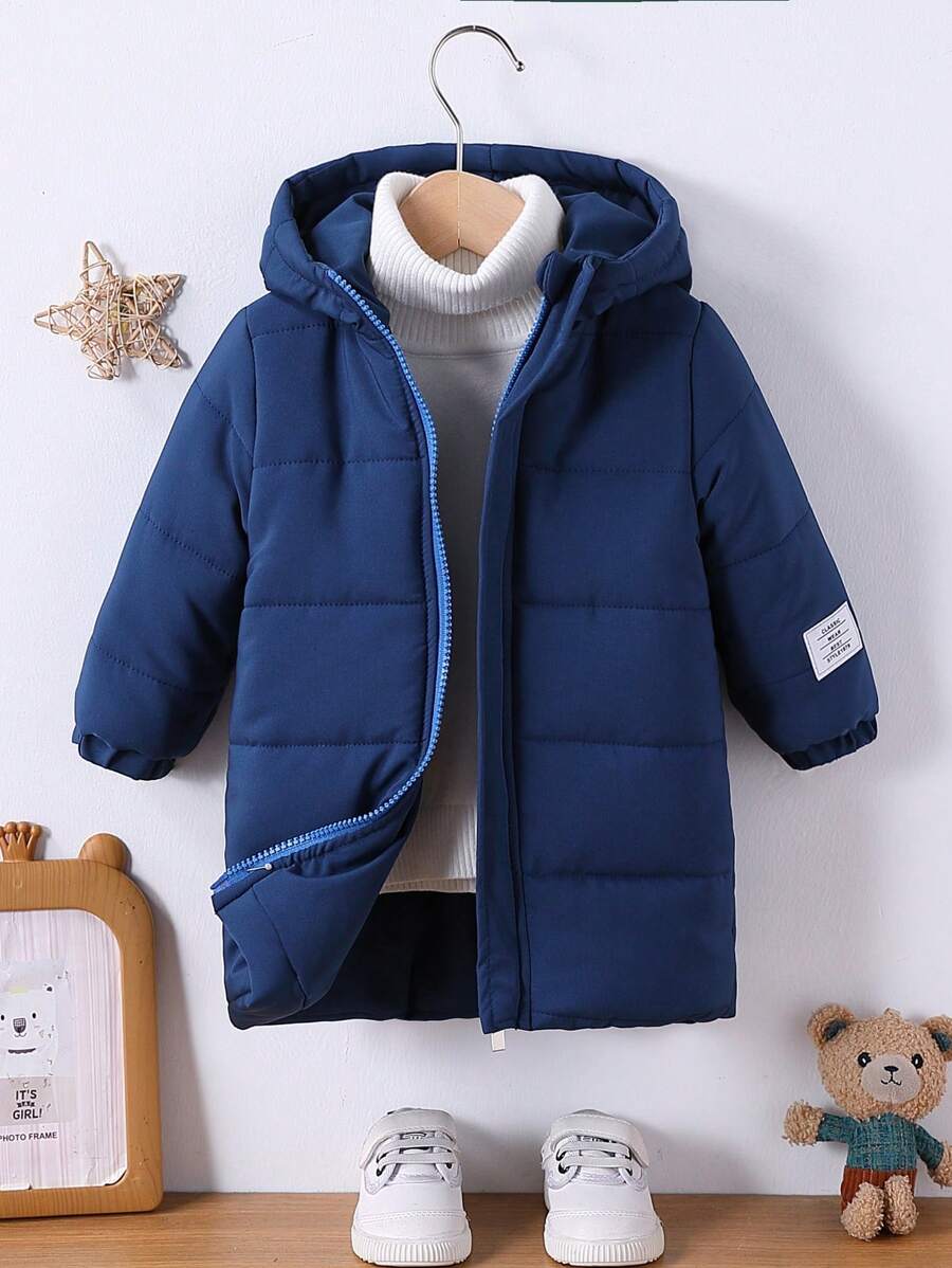 男婴休闲日常字母补丁拉链保暖连帽棉服外套,冬季 - 藏蓝色 - 查看 1