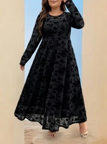 SHEIN Unity 大码女式优雅撞色蕾丝圆领连衣裙长款女装