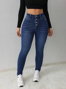 SHEIN Tall CURVE Klassische Jeans in Große Größen für jeden Anlass, Damen High Waist Jeans aus blauem Denim mit funktionalen Taschen und einzigartiger Knopfdetaillierung für einen modernen Look, thermisch gefütterte Jeans - Blau - Übersicht 4