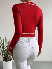 SHEIN Clasi Áo sơ mi nữ tay dài phối nút phía trước màu khối tối giản túi giả - Đỏ và trắng - Xem 2