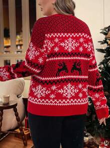 SHEIN VCAY 大码女式休闲鹿雪图案圆领长袖毛衣，秋冬款 - 紅色 - 查看 2