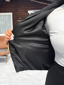 SHEIN EZwear 大码女式纯色前拉链短款休闲棉服外套，冬季服装 - 黑色 - 查看 6