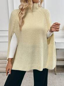 SHEIN Unity 1 Stück Pullover mit Rollkragen, Strickpullover mit Seitenschlitzen und Cape, Strickpullover für Herbst und Winter - Beige - Übersicht 4
