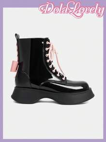 Dola Lovely Black Platform Boots Women Short Booties Ins British Style 2024 Autumn Winter New Mid-Calf Boots Flight Attendant Slim Boots Boots Ladies Ankle Boots For Christmas And New Year Holiday