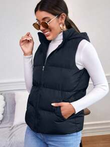 SHEIN Frenchy 秋冬款拉链斜口袋黑色连帽无袖棉服大衣 - 藏蓝色 - 查看 3