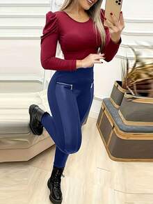 Trioutop Women's Solid Color Slim Fit Leggings - Blue - View 5