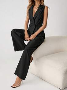 SHEIN Tall Women's Solid Color Double Breasted Simple Vest Pants Office Wear Two Pieces Set Autumn