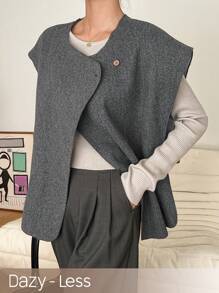 Dazy-Less Áo khoác vest không tay hai hàng khuy cho nữ, màu trơn, phong cách cổ điển dành cho mùa thu đông, trang phục công sở cho nữ - Màu Xám nhạt - Xem 1