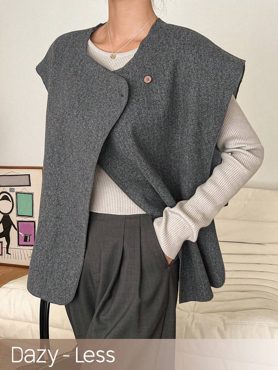 Dazy-Less Áo khoác vest không tay hai hàng khuy cho nữ, màu trơn, phong cách cổ điển dành cho mùa thu đông, trang phục công sở cho nữ - Màu Xám nhạt - Xem 1