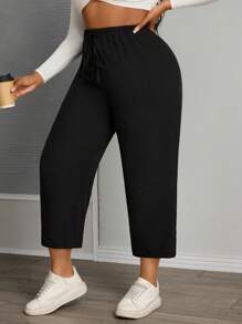 SHEIN PETITE CURVE Quần dài nữ cỡ lớn màu trơn, cạp cao kiểu túi giấy, thích hợp cho mùa xuân, thanh lịch, cạp cao, quần đen thường ngày, quần ống rộng. - màu đen - Xem 5