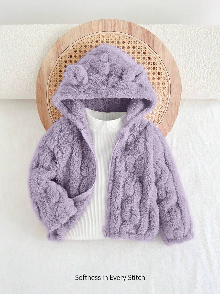 Cozy Pixies Baby Girl 3D Ear Hooded Thermal Lined Cardigan,In Fall/Winter - Purple - View 1