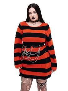 Whyspr Goth Punk Plus Size Women's Popular Dark Punk Goth Style Casual Soft Comfy Striped Ripped Punk Style Knit Sweater Dress - Orange - View 4