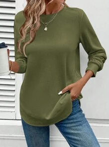 SHEIN LUNE Waffle Textured Round Neck Asymmetrical Hem Basic Women Casual Sweatshirt, Comfortable,Long Sleeve Tops Graduation,Back To School Outfits,Graduation,Teacher Outfits For Women,Back To School In Fall/Winter - Army Green - View 6