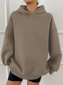 DAZY Hooded Casual Fleece Solid Color Unisex Loose Fit Sweatshirts For Women - Brown - View 2