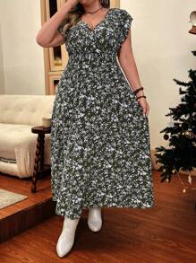 SHEIN VCAY Váy mùa hè tay cánh bướm họa tiết hoa nhỏ xinh - xanh quân đội - Xem 3