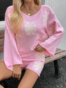 INAWLY 2pcs Women Floral Print Batwing Sweater And Shorts Set, Spring Autumn Fall Cloth For Women - Pink - View 5
