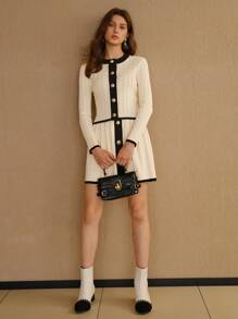 MOTF STUDIO 对比色镶边金色纽扣门襟修身剪裁网眼针织开衫 - 米色 - 查看 6