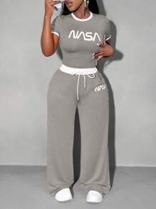 SHEIN SXY Summer;2pcs/Set Rose Pink Sporty Contrast Trim Top With Relaxed Fit Wide Leg Pants, Casual Tracksuit